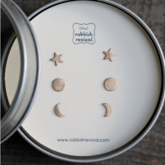 Rubbish Revival Jewelry - NIB handmade brass sun, moon, & stars sterling studs.